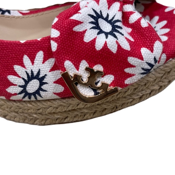 Tory Burch Dory Nantucket Red Navy Sea White Primrose Peep Toe Espadrille Wedges - Picture 4 of 15